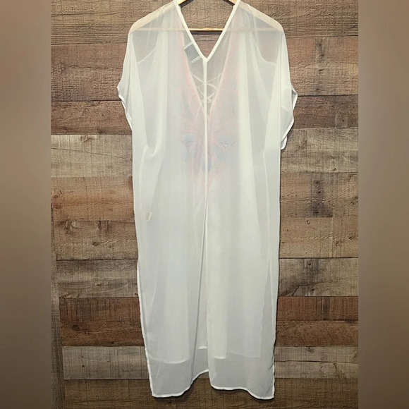 🌻 DeJaVu Sheer Open Shoulder Embroidered Cream Swim Cover-Up Women’s size Small - Picture 7 of 7